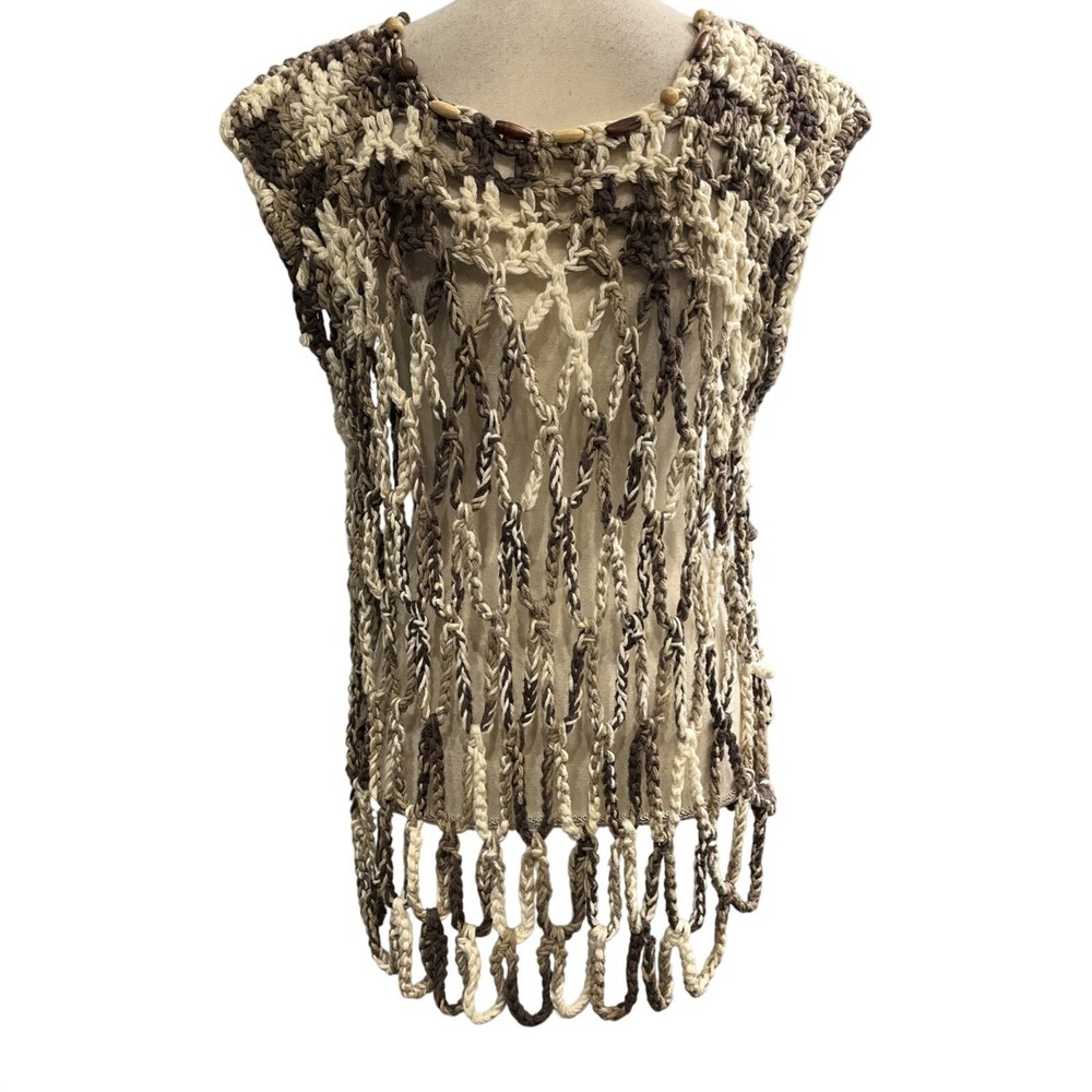 Crochet Open Knit Top Earthy Beaded Neck Sleeveless Layer Boho Hippie Festival